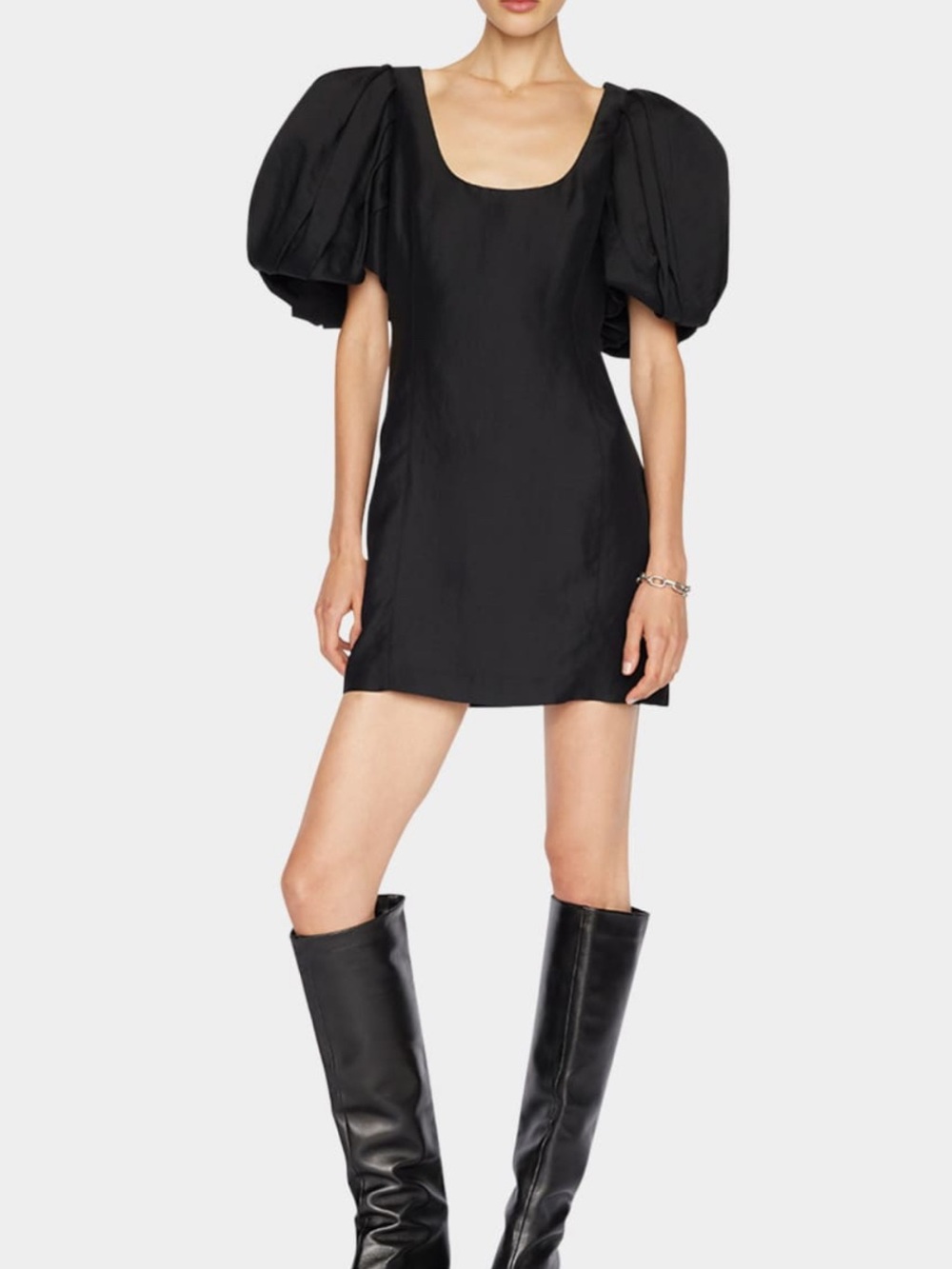 Frame Denim Black Puff-Sleeve Mini Dress